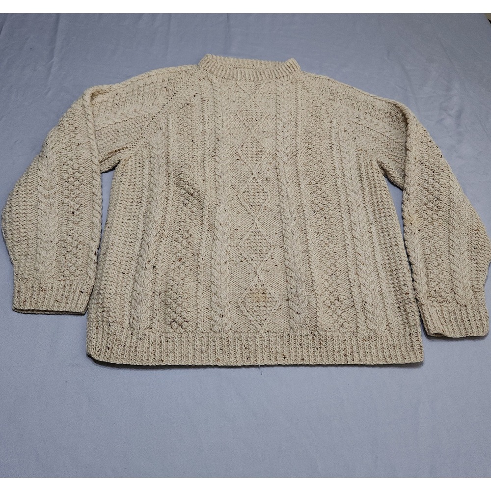 Vintage Hand Knit Cable Fisherman Sweater Cream Oatmeal Wool Blend Large